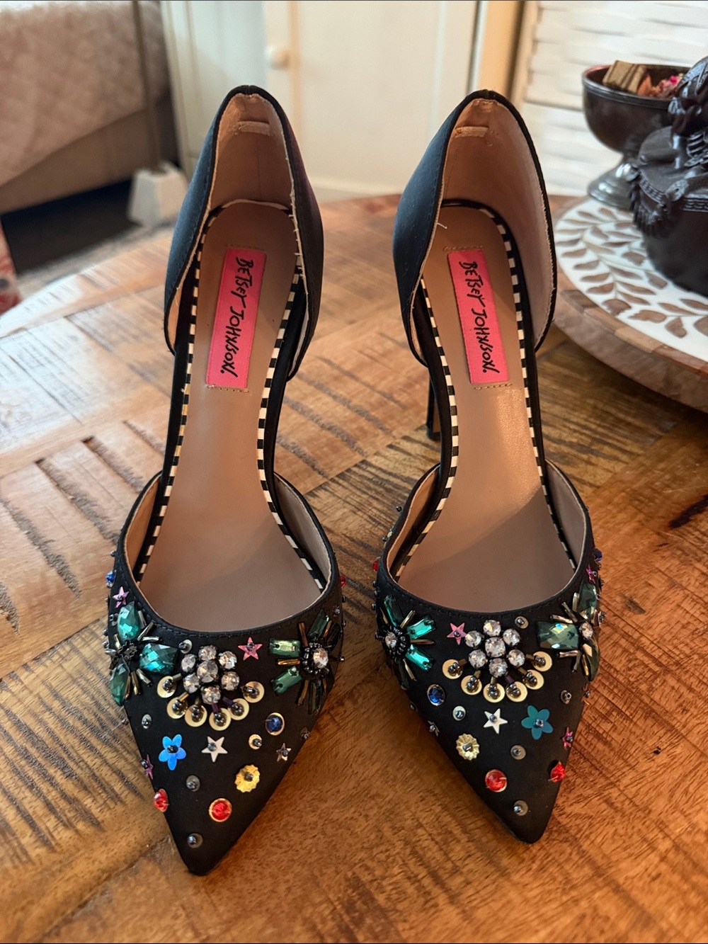 Betsey Johnson Black Jeweled D'Orsay Pointed-Toe Heels
